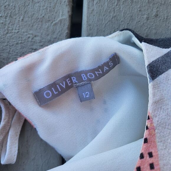 Oliver Bonas Block Print Tunic Dress Short Sleeve Knee Length Pink Black Size 12 - Picture 6 of 7